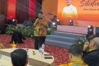 Ridwan Hisjam saat memberi sambutan di acara silaturahmi bersama dengan para tokoh dan senior Kosgoro 1957 di Sentul, Bogor, Sabtu 31 Januari 2026.