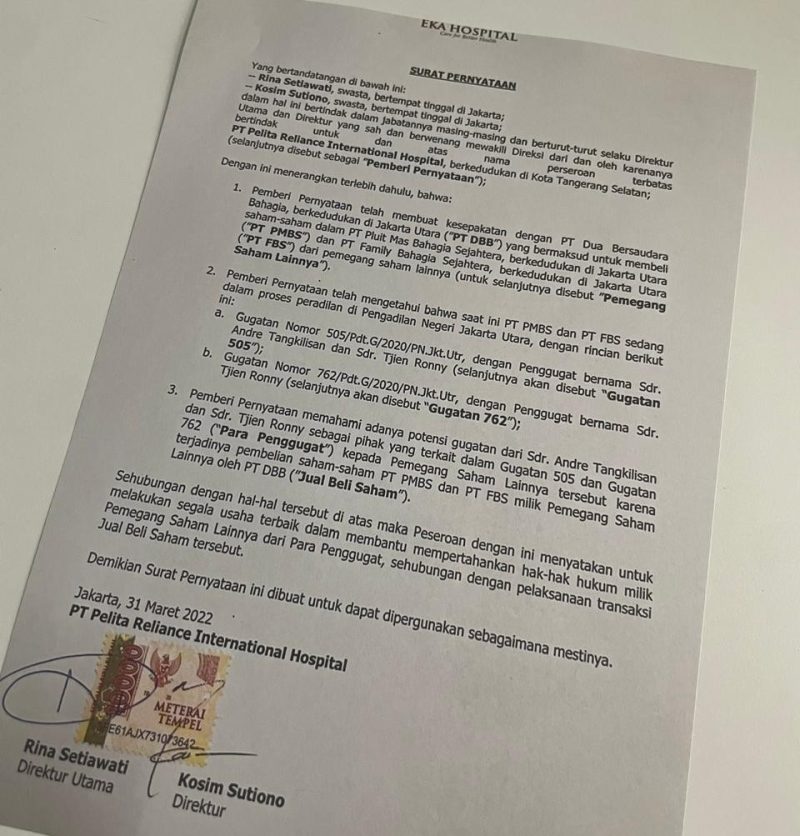 surat terkait dugaan transaksi saham RSIA Family dan RSIA Grand Family pada 2022